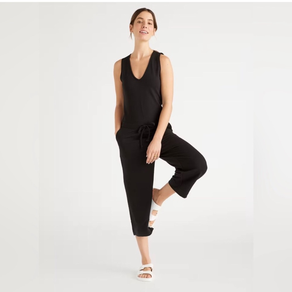 Quince Black Terry Modal Jumpsuit Wide Leg Keyhole Back X-Small